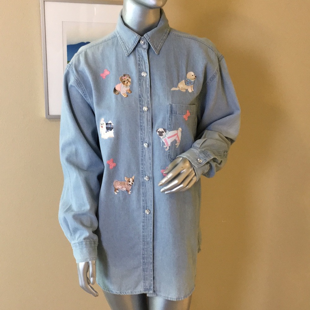 TIA Designs | Vintage Denim Button Down Shirt With Dog Applique